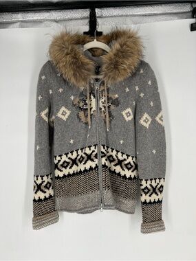 Bogner Gray Wool Intarsia Star Knit Fur-Trim Hood Designer Zip Cardigan Sweater
